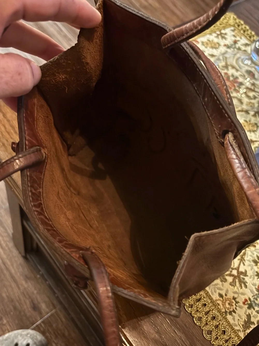 Two Bar West Small Brown Leather Western Tote Purse Embossed Brand Handbag